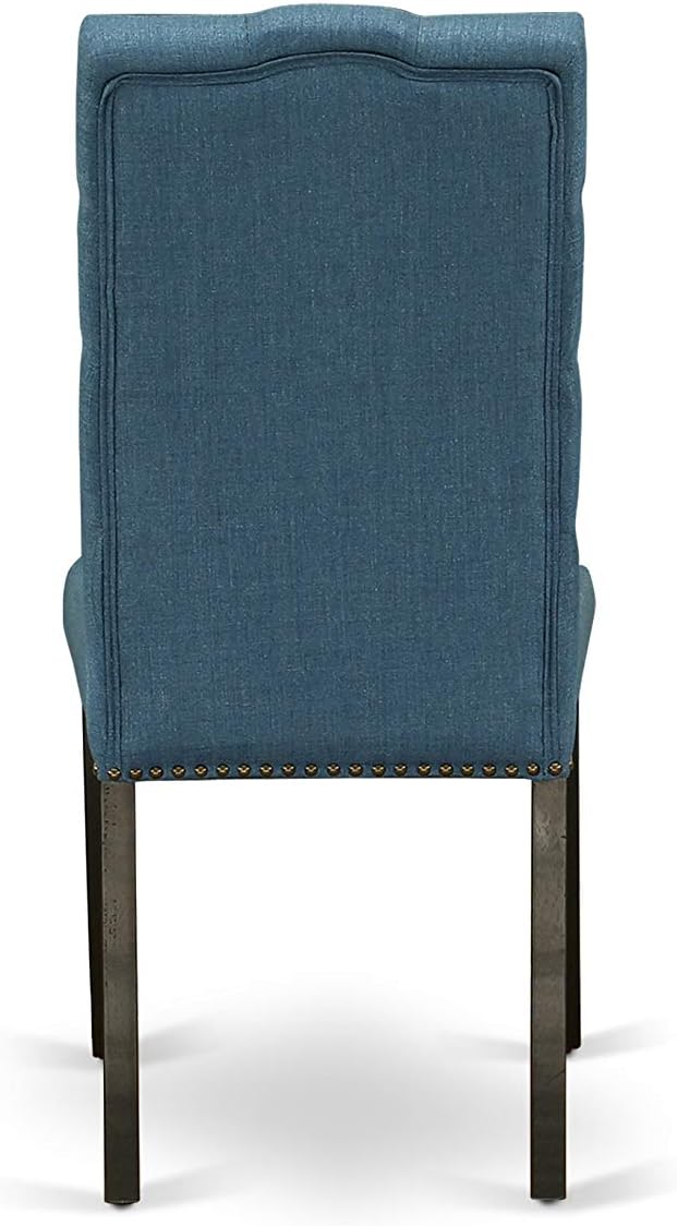 East West Furniture ELP1T21 Elsa Parson Kitchen Chairs - Button Tufted Nailhead Trim Blue Linen Fabric Upholstered Dining Chairs, Set of 2, Black