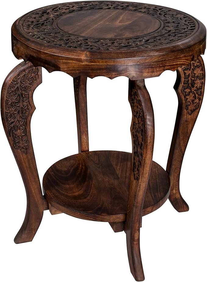 The Wooden Town Farmhouse Round Accent End Table,Rustic Side Table Nightstands for Living Room Bedroom,Coffee Tables,Wood Tray Top,Handcrafted Finish, 18"x22" - Burnt
