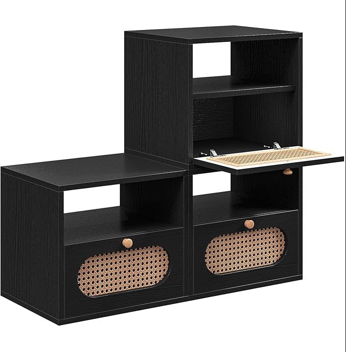 3-in-1 Modular TV Stand with Rattan Doors, DIY Media Console Boho Entertainment Center Modern TV Cabinet with Open Shelves,Black
