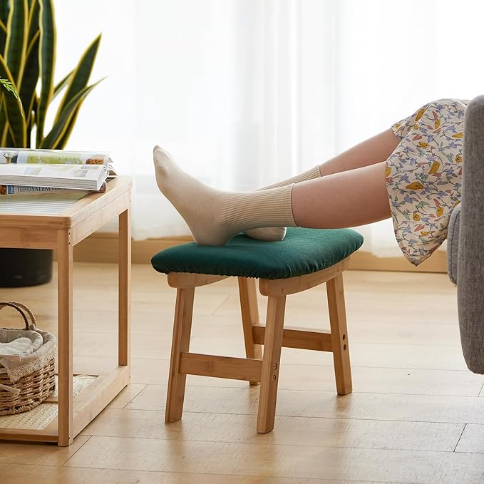 Foot Stool Ottoman Foot Rest Under Desk,Small Stool for Living Room, Bedroom and Kitchen (Natural Legs - Green Stool Surface)