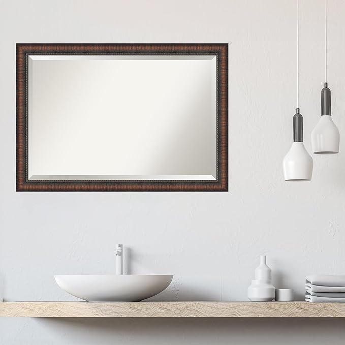 Amanti Art Brown Bathroom Mirror for Over Sink, 28x40 Caleb Brown Rectangle Vanity Mirror, Large Rustic Farmhouse Frame, Hangs Horizonally and Vertically, Bathroom Wall Decor, Beveled Edge