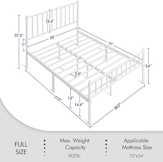 Yaheetech 14 Inch Full Size Bed Frame Metal Platform Bed with Spindle Headboard Footboard/Mattress Foundation/No Box Spring Needed/Underbed Storage Space/Steel Slat Support/Easy Set up, White