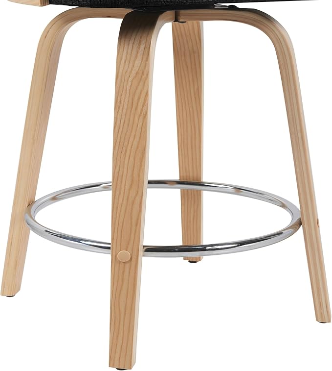 Armen Living Sonia Modern Swivel Counter Height Bar Stool with Black Upholstered Seat and Patterned Oak Wood Finish