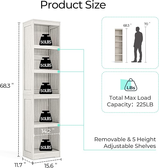 LINSY HOME 5-Shelf Bookcase, Narrow Bookshelves Floor Standing Display Storage Shelves 68 in Tall Bookcase Home Decor Furniture for Home Office, Living Room, Bed Room - White Oak