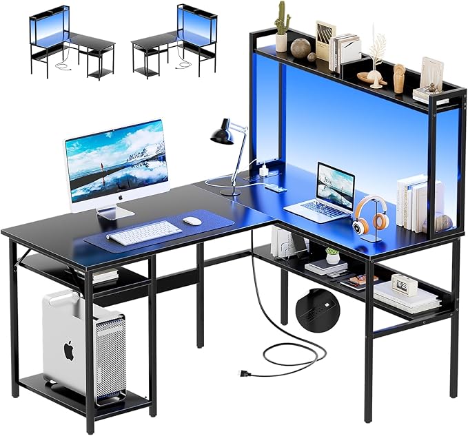 L Shaped Computer Desk with Hutch and Storage Shelves, Gaming Desk with LED Lights, Reversible L-Shaped Desk with Power Outlets, Home Office Desk, Corner Desk, Black