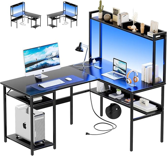 L Shaped Computer Desk with Hutch and Storage Shelves, Gaming Desk with LED Lights, Reversible L-Shaped Desk with Power Outlets, Home Office Desk, Corner Desk, Black