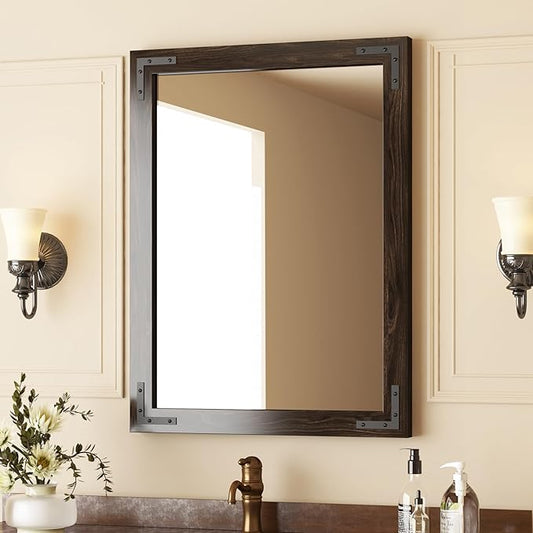 VocalStar Black Wood Framed Mirror 24 x 36 Inch, Rustic Natural Black Wooden Rectangle Bathroom Vanity Wall Mirror for Farmhouse Boho Decor, 1/4-inch Shatterproof Glass | Waterproof