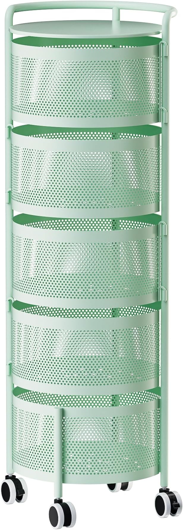 JAQ Rotating Fruit Basket, 5-Tier Metal Sturdy Kitchen Storage Rack Shelf Carts No Assembly on Rolling Wheels for Fruit Vegetable Grocery Corns Potato Onion (5-Tier, Green)
