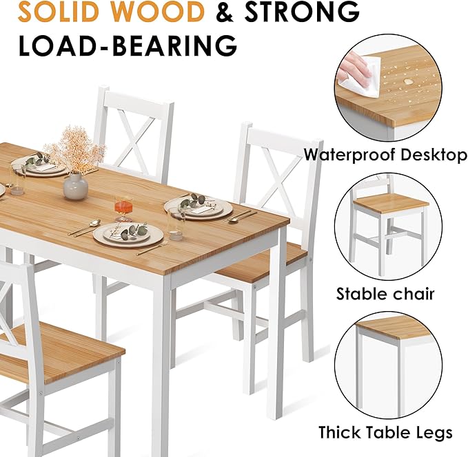 sogesfurniture Dining Table Set for 4，Dinette Set for 4 Small Space,5 Pieces Dining Table for Kitchen, Dining Room 47.5'', Pine Wood,Oak&White