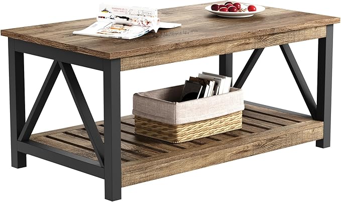ChooChoo Farmhouse Coffee Table with 2-Tier Storage, 40-Inch Rectangular Wooden Center Table for Living Room, Rustic Oak & Black