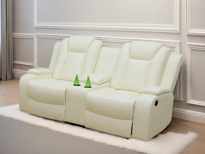 Loveseat Recliner Sofa, Reclining Loveseat Leather Couch with Storage Console, Modern Comfy Home Theater Seating Power Recliner Chair with Cup Holders for Living Room Furniture Sets, White