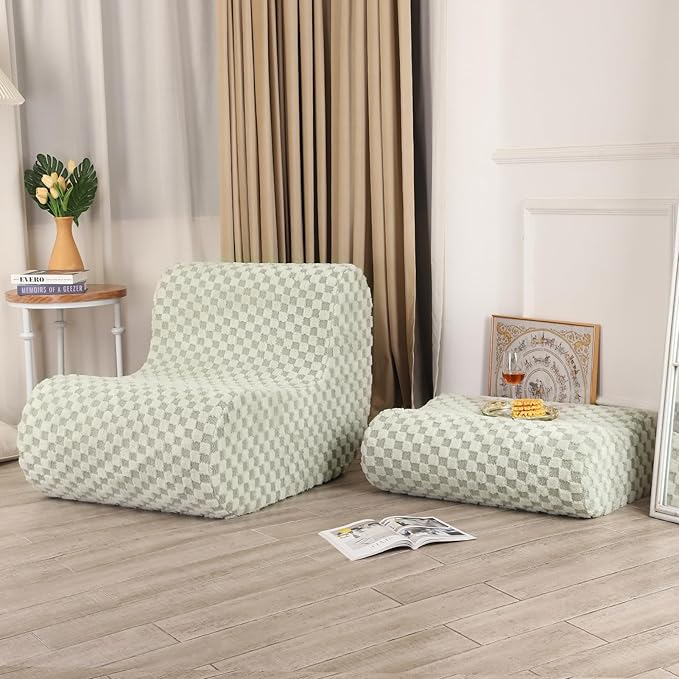 Accent Bean Bag Chair with Footstool, Modern Lazy Sofa Chair with Comfy Jacquard Shaggy Plush, Green