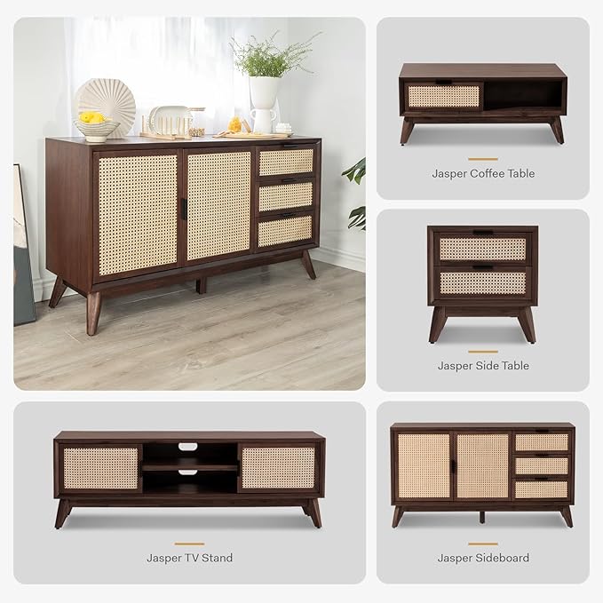 Bme Jasper Sideboard with 3 Drawers & 2 Rattan Doors, Buffet Cabinet with Storage for Dining Room, Living Room, Adjustable Shelves, Walnut