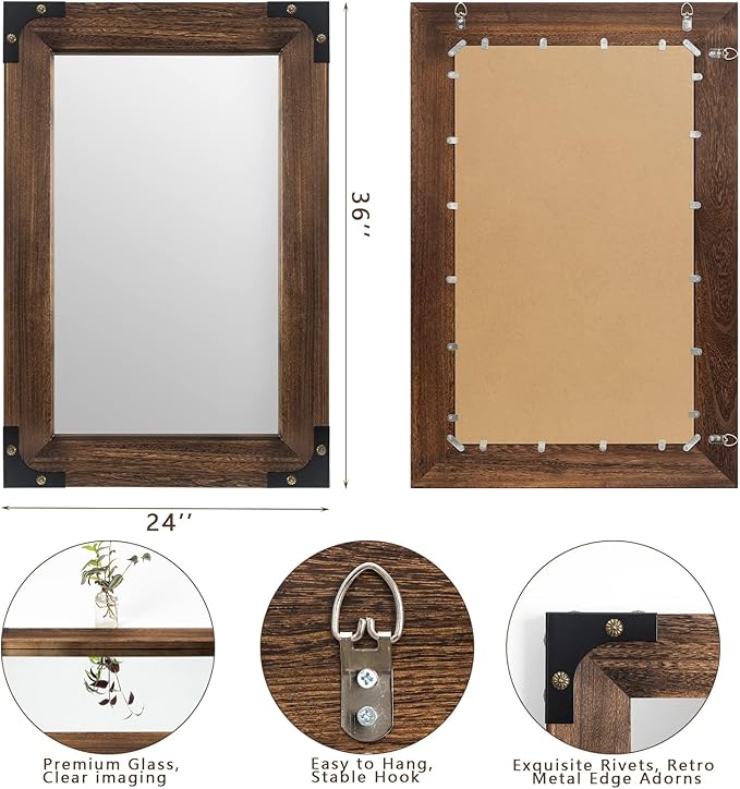 blue page Mirror for Wall, Rustic Wood Mirror with Wood Frame, Rectangular Decorative Wall Mounted Mirror for Farmhouse Bathroom Bedroom & Living Room (24 x 36 Inches, Iron)