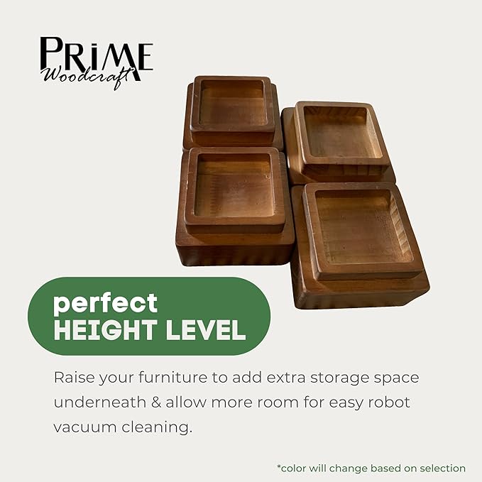 Walnut Wood Risers - 2 Inch Height, 4 Risers, Walnut - Square Bed Risers for Storage and Cleaning - Heavy Duty Furniture Lifter for Table, Couch and Sofa Legs at Home and Office