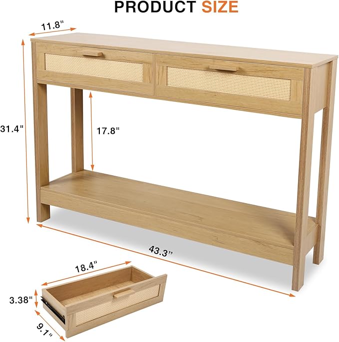 Console Table with Rattan Drawers, Boho Rattan Entryway Table with Storage, Wood Small Console Tables for Entryway, Entry Table for Hallway, Sofa Table