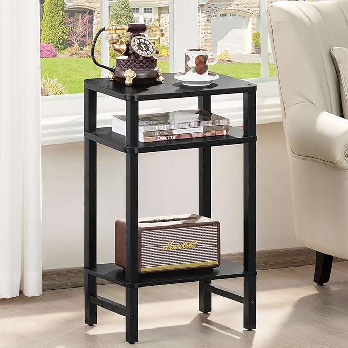 28in Tall Side Table 3-Tier Small Narrow End Table for Couch, Skinny Nightstand for Small Space, Farmhouse Slim Night Stand with Storage, Wooden Frame Thin Bedside Table, for Living Room, Black