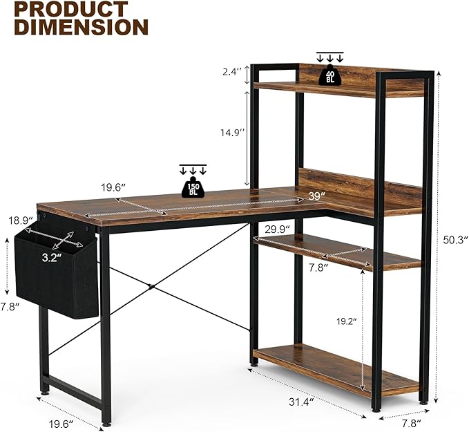 47 Inch L Shaped Computer Desk with Reversible Storage Shelves, Home Office Corner Desk Study Writing Table with Hutch, Study, Rustic Brown