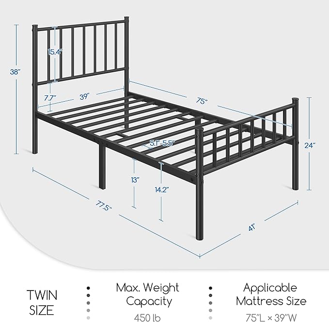 Yaheetech Twin Bed Frame Metal Platform Bed Frame Mattress Foundation with Spindle Headboard & Footboard/No Box Spring Needed/14 Inch Underbed Storage/Firm Support & Easy Set up Structure, Black