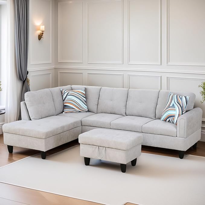 L Shaped Sectional Couches for Living Room, Modular Sectional Sofa with Ottoman Storage, Modern Comfy 4 Seat L Shaped Couch with Chaise for Bedroom Apartment Furniture, Gray