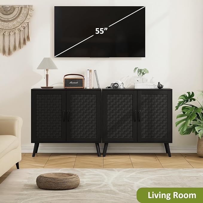 Black Buffet Sideboard Cabinet, Storage Cabinet with Handmade PVC Rattan Decor Doors, Wooden Coffee Station with Adjustable Shelf for Kitchen, Living Room, Entryway