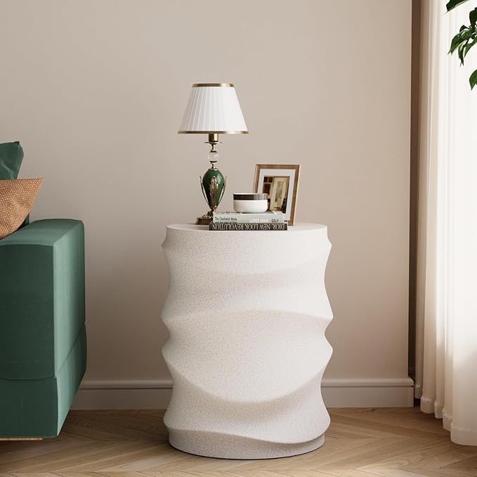 COSIEST Set of 2 Outdoor Side Table, 2 Pieces Concrete Side Table for Patio, Streamlined Lightweight Accent Table, Decorative Patio Garden Stools, Plant Stand Drum Table, Round, Spotted White