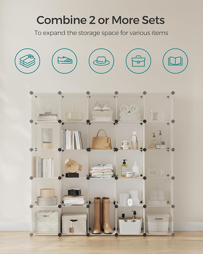 SONGMICS Cube Storage Organizer, Set of 16 Plastic Cubes, Closet Organizers and Storage, Room Organization, Bedroom Living Room, 12.2 x 48.4 x 48.4 Inches, Cream White ULPC442M01