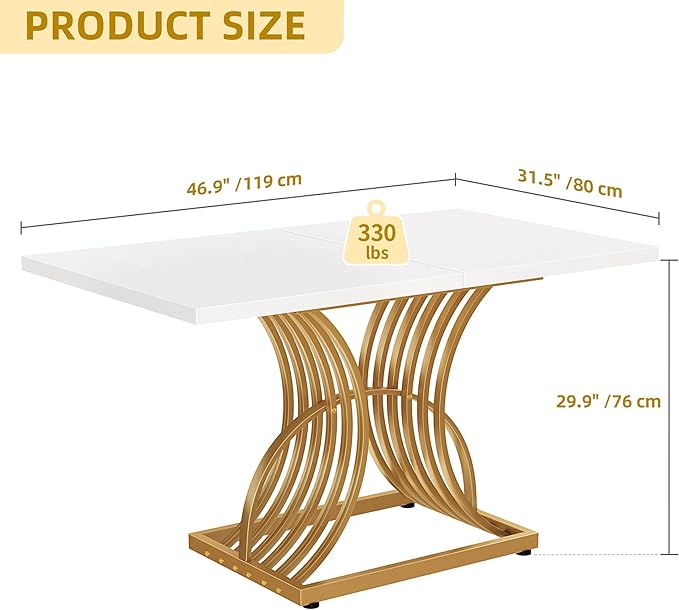 DWVO Modern Dining Table for 4 People 47 Inch Rectangular Kitchen Table with White Tabletop and Gold Geometric Legs Small Dinner Table Kitchen & Dining Room Furniture White & Gold