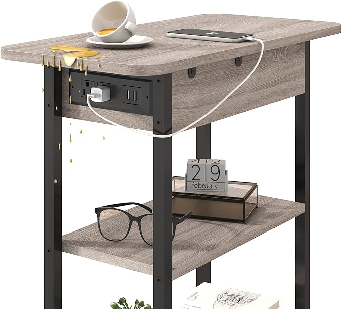 LIDYUK End Table with Charging Station, Set of 2 Flip Top Narrow Side Table for Small Spaces, Nightstands Set of 2 for Bedroom, End Tables Living Room with Storage Shelves, Greige