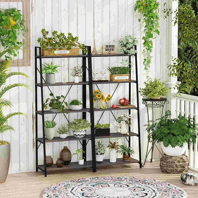 BON AUGURE 5-Tier Ladder Shelf, Industrial Leaning Bookcase, Wood and Metal Ladder Bookshelf for Living Room, Bedroom, Kitchen, Home Office (Grey Oak)