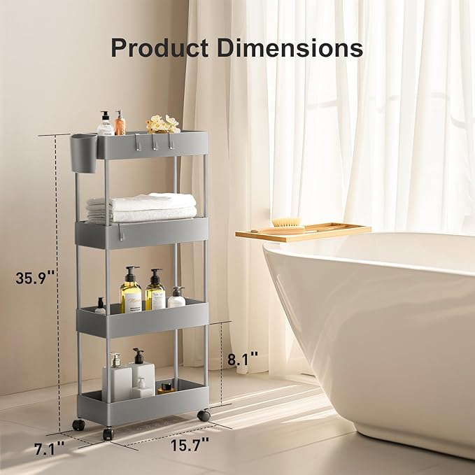 Pipishell Slim Storage Cart with Wheels, 4 Tier Bathroom Storage Organizer Rolling Utility Cart for Bathroom Kitchen Laundry Room Office Narrow Place (Gray)