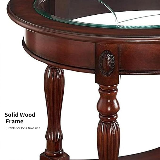 LEEMTORIG Oval Round Glass End Table, 2-Tier Solid Wood Glass Top End Side Tables, Traditional Victorian Nightstand for Bedroom Living Room Office, 28" W x 22" D x 24.2" H, Cherry Walnut CJZ-1533-GT