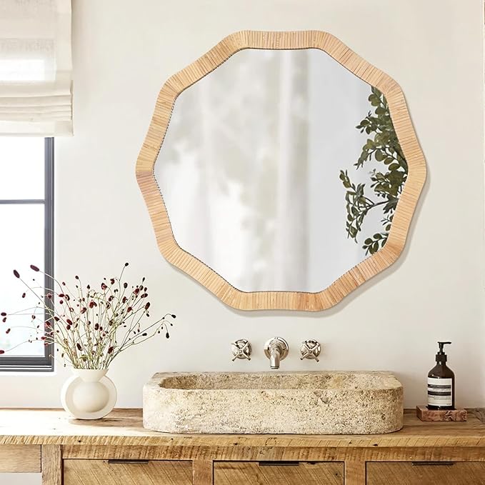 ULIKE Rattan Mirror for Wall, Bathroom 24 Inch Rustic Farmhouse Wall Decor with Handmade Wicker Frame, Boho Woven Mirror for Nursery Bedroom Living Room Entryway