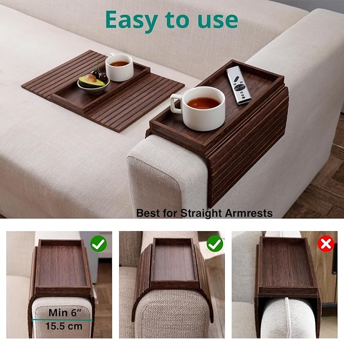 DETOR Couch Arm Tray, TV Tray with Capacious 12.4" x 5.4" Storage Box, Bamboo Grain Stained Brown Color, Enhanced Nonslip Felt Bottom, Sturdy Bamboo Slats Material | for Armrests 6" and Wider