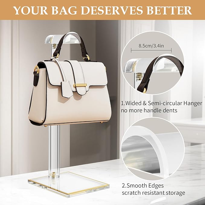 Acrylic Purse Display Stands, 14"-24" Adjustable Height Handbag Holder, Clear Purse Rack Stands for Closet Retail, Durable Gold Trim Bag Stand Hanging Wallet Jewelry Necklace Organizer