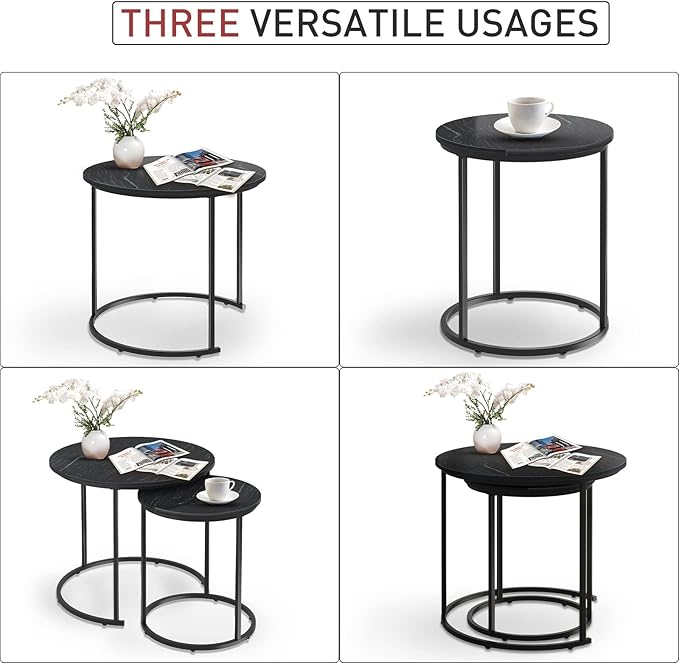 Black Marble Nesting Coffee Table for Small Place 24 in 2 Sets High Side End Sofa Table Nightstand Modern Furniture Living Room Cabin Bed Room Dining RoomGarden 4 You (Black Marble)