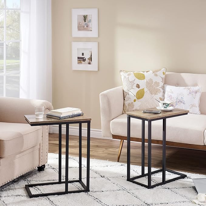 VECELO C Shaped End Side Table for Sofa Couch and Bed Snack TV Tray for Living Room Bedroom, 2 Set, Grey