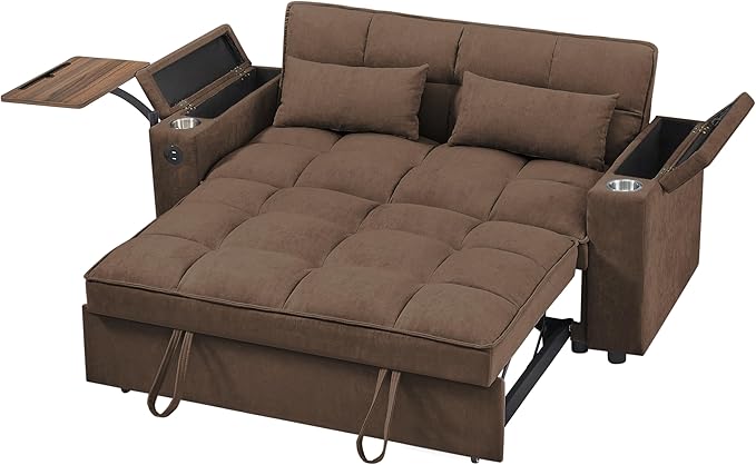 65-inch Multifunctional Loveseat Pull Out Sleeper Sofabed W/Cupholders, Oversized 3-in-1 Convertible Love Seat with Pull-Out Sleeper Couch Bed, Storage, USB Ports, Side Table for Living Room Bedroom