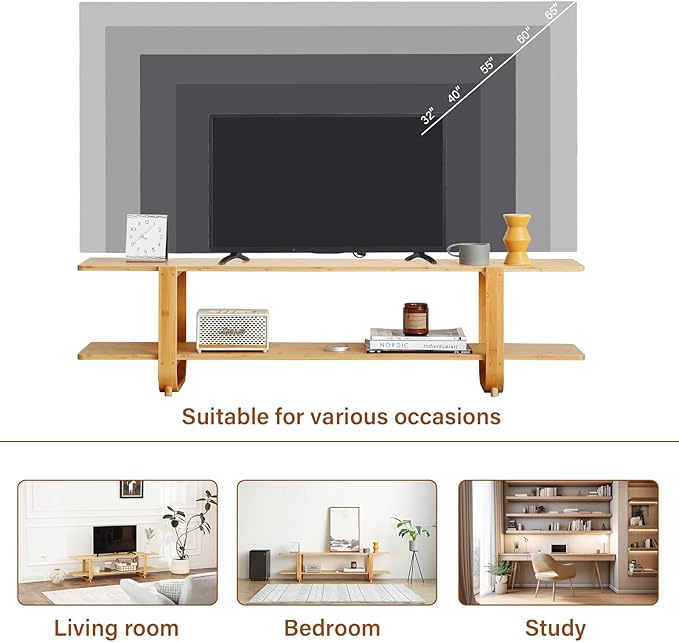 Welnow Bamboo TV Stand for Up to 65 Inch, Mid Century Modern Entertainment Center with 2-Tier Open Shelves, Storage Media Console Table for Living Room, Bedroom, Natural
