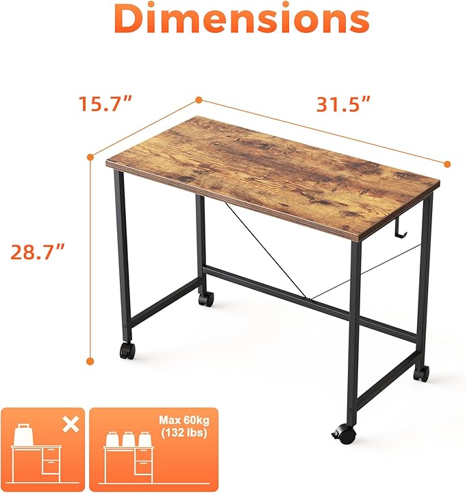 Rolling Computer Desk with Wheels, Gaming Desk for Small Spaces, Modern Simple Style Table for Home Office, Study Writing Table (Caster, Dark Brown, 32 inch)