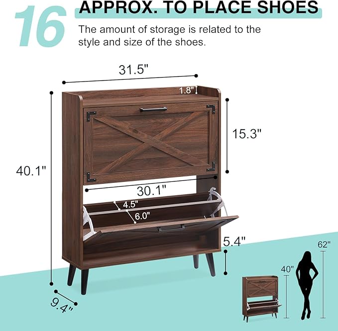 Shoe Storage Cabinet,Farmhouse Shoe Organizer with 2 Flip Drawers & Barn Door Design,Freestanding Hidden Slim Narrow Shoe Rack Cabinet for Entryway,Foyer,Hallway,Walnut
