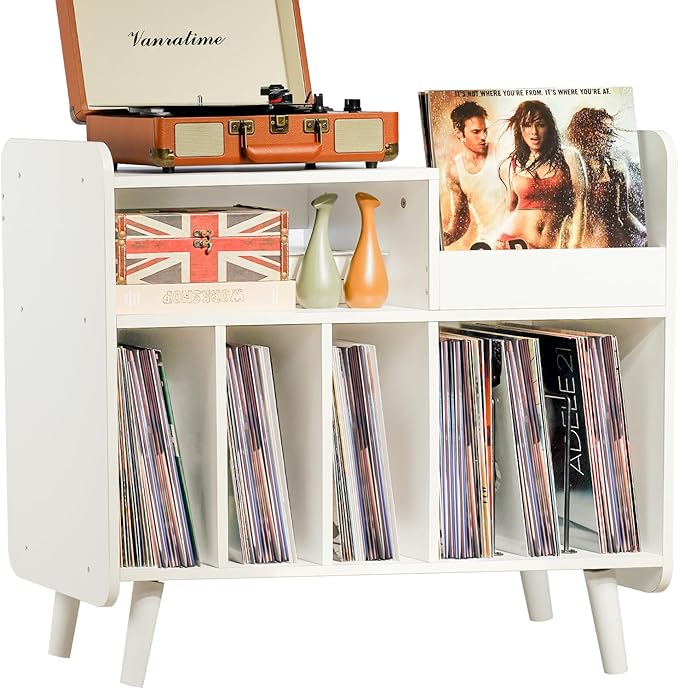 Record Player Stand, Large Record Player Table Cabinet with Open Vinyl Storage and Display Shelf Holds up to 350 Albums, Mid Century Wood Turntable for Living Room, Bedroom (White)