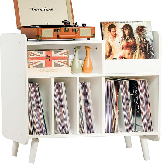 Record Player Stand, Large Record Player Table Cabinet with Open Vinyl Storage and Display Shelf Holds up to 350 Albums, Mid Century Wood Turntable for Living Room, Bedroom (White)
