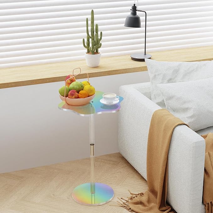 Clear Side Table Rainbow Small Acrylic End Tables 13.8 * 11.6 H: 21.3 Inch Modern Flower-Like Shape Drink Table for Small Spaces Sturdy Easy Assembly for Living Room Balcony Garden Office (1 Pack)