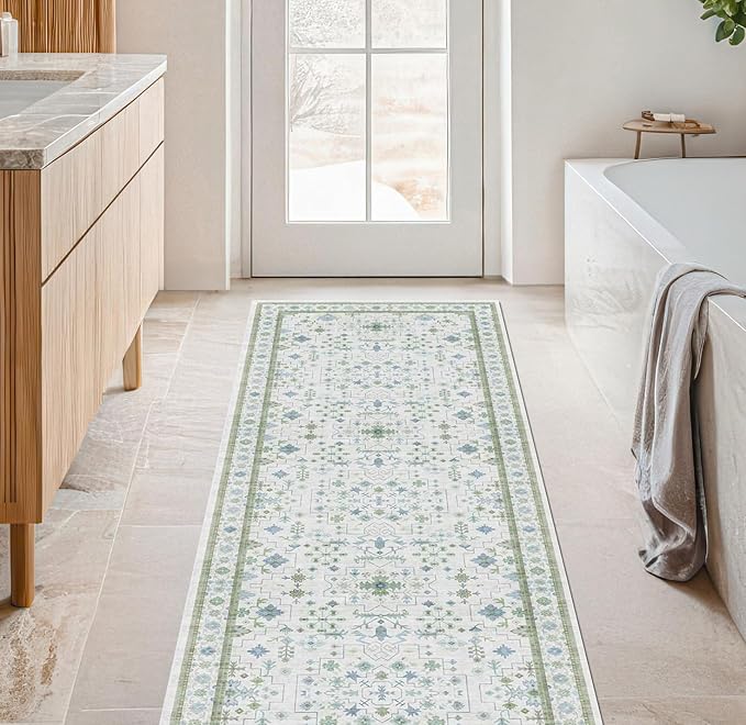 Oushak 2x8 Hallway Runner Rug - Vintage Turkish Floral, Washable Low Pile Non Slip 8ft Long Runners for Kitchen, Hall Way - Cream Blue and Green