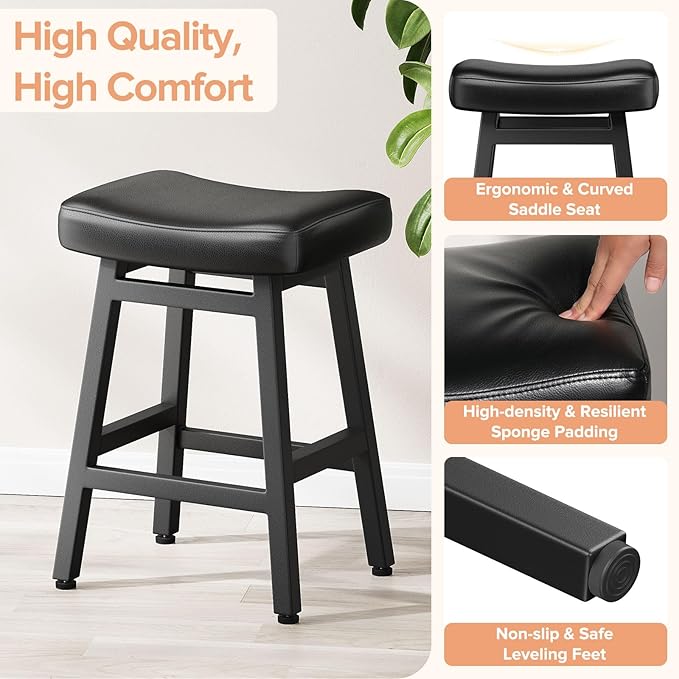 Counter Height Bar Stools Set of 3, 24 Inch Barstools for Kitchen Counter, Kitchen Stools with Bonded Leather Saddle Seats & Heavy Duty Metal Legs, Easy Assembly, All Black