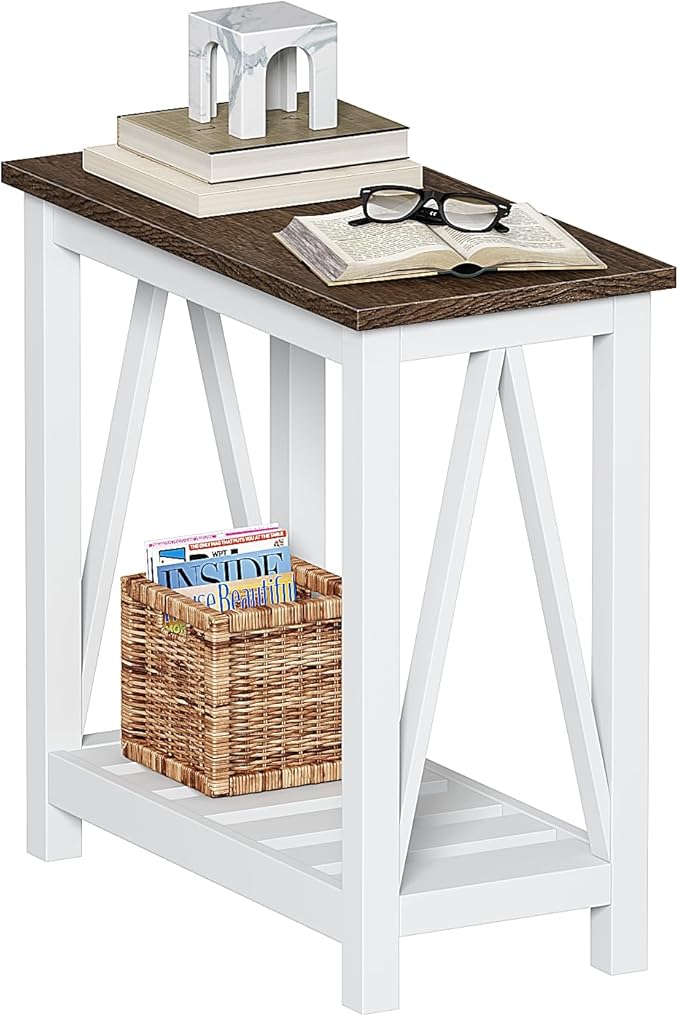 ChooChoo Farmhouse End Table, Narrow Side Table, Slim End Table with Storage Shelf for Small Spaces, Rustic Nightstand, for Living Room, Bedroom White