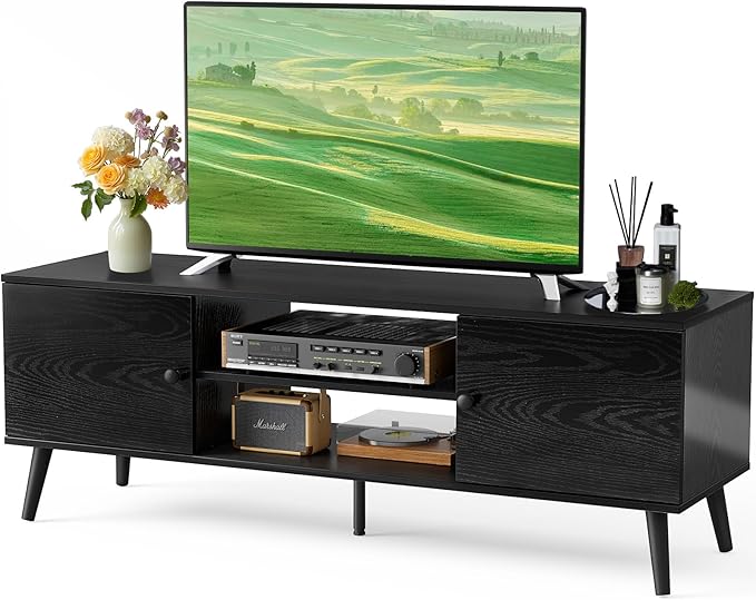 DUMOS TV Stand for 55 60 inch TV, Entertainment Center with Storage Cabinet, Mid Century Modern Media Console Table, Adjustable Hinge, Wooden Television Furniture for Living Room, Office - Black