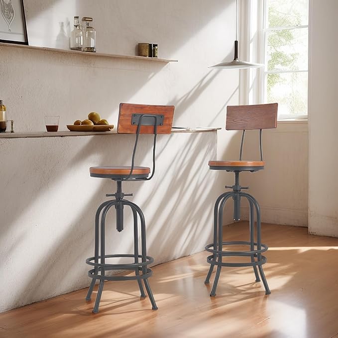 Set of 2-Industrial Bar Stools with Backrest-Swivel Wood Seat-Bar Counter Height Adjustable 26-32.2inch-Kitchen Island Dining Chair