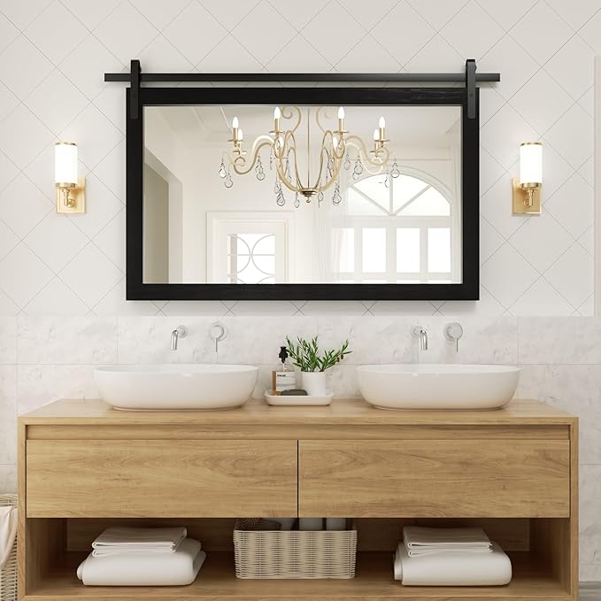 Black Farmhouse Mirror for Wall, 40x26INCH Large Wood Framed Square Bathroom Mirrors for Vanity, Barn Door Style Mirrors Wall Mounted Dresser Decor Mirror Living Room Bedroom Horizontal